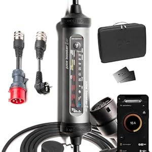Juice Booster 3 Air Basic Set, Mobile Wallbox 11kW con App, Sin Instalación, Cargador Coche Electrico con Cable Tipo 2, Ligero e Impermeable IP67, Incluye Adaptador CEE16 Rojo 3 Fases + EU Schuko