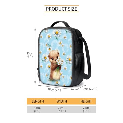 Xoenoiee Otter Daisy Flower Pattern Kids School Backpack 4Pcs Bundle with Insulated Lunch Box, Water Bottle Pouch, Pencil Case Back to School Supplies4