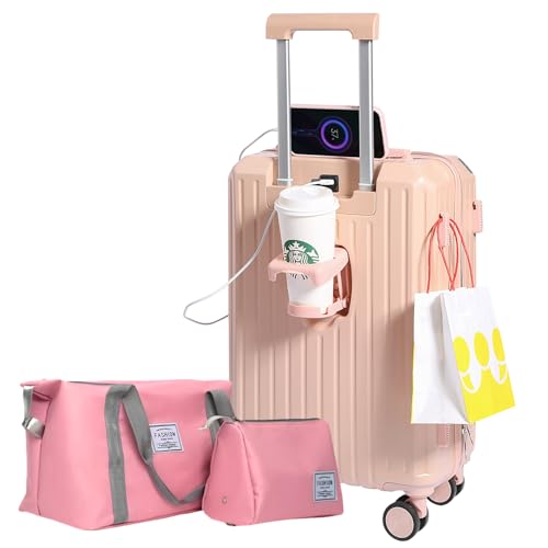 Luggage Set 3 Piece with Cup Holder and USB Charging Port, Hard Side Carry-on Luggage with Spinner Wheels, Lightweight Luggage for Travel, Business (Pink+Bag, Carry-On 20-Inch)