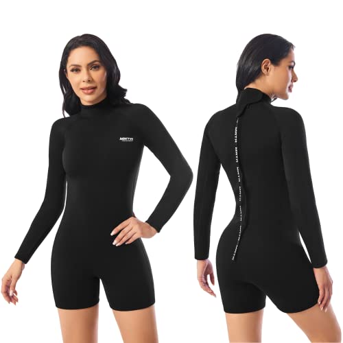 Image of MWTA Womens Shorty Wetsuit, 2mm Neoprene Long Sleeve Swimsuit with Back Zip, Offers UV Protection, Wetsuit for Diving Snorkeling Swimming Surfing, Size 2 | Flexible 2mm neoprene spring wetsuit designed for surfing, swimming and paddleboarding adventures.