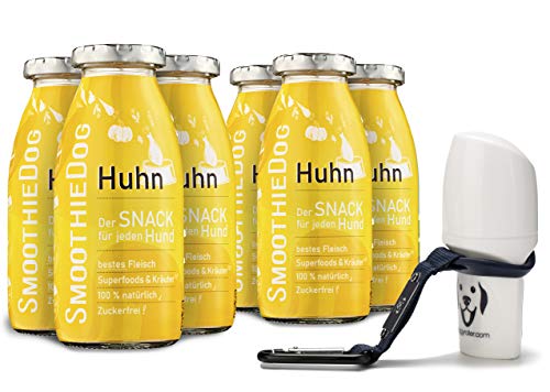 Hunde Smoothie SmoothieDog 6er Huhn + Doggyroller m. Halter, Karabiner Blau - Flüssiges Hundeleckerli - Zucker- & glutenfrei - Zubehör Hund - je 250ml