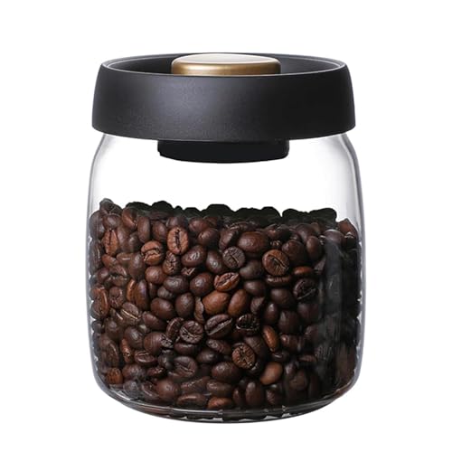 HOMIES, Vacuum Sealed Borosilicate Glass Coffee Bean Storage Jar Container, Canister with Airtight Lid Sealed with Press-Down Vacuum for Food Storage, Spices, Clear, 950 ml