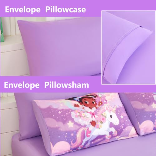 Image of Twin Comforter Set for Girls 5 Piece Black Girl Unicorn Bedding Set for Girls, Super Soft Microfiber Bed Set African American Princess Bed in a Bag with Comforter Sheets Pillowcase & Sham