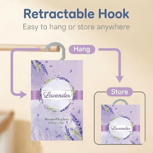 Image of 12 Packs Lavender Scented Sachets for Closets and Drawers - Natural Lavender Essential Oil Hanging Bags with Retractable Hook - Ideal for Lingerie, Silk Sheets, Bedding & Nightwear Care