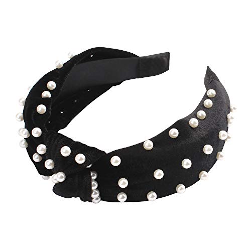 Kicosy 1 Pcs Pearl Velvet Wide Headbands for Women Knot Turban Headband for Women Vintage Hairband with Faux Pearl Fashion Hair Accessories for Women