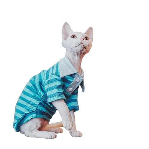 UGYMSIA ペット服、Devon Rex、Sphynx、ラグドール、子猫、ペットの猫の半袖ベスト、純綿の通気性、肌に優しく快適、ウォーターブルーのストライプのポロシャツ、春と夏のスタイル、新鮮でかわいいストライプのシャツ (M(3.25kg未満))