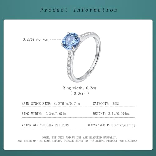 925 Sterling Silver Ring with Blue Round Zircon, 7x7mm Main Stone, Engagement Band with Clear Zircon Accents, 2mm Width, Ideal Gift for Women4