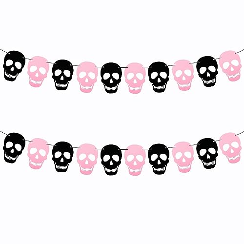 Image of SaktopDeco 2 Pack Black Pink Skull Garland Banner Felt Skeleton Garland Halloween Banner for DIY Gothic Decorations Halloween Home Decor