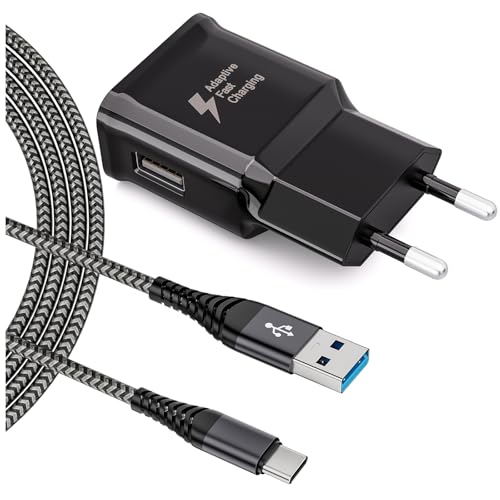 Caricatore USB Ricarica Rapida 15W Caricabatterie per Samsung Galaxy A13 A14 A15 A23 A25 A33 A34 A35 A40 A52 A53 A55 A04S S8 S9 S10 S20 Plus M55 M34 M33 M15 Alimentatore con Nylon Cavo USB C 2M