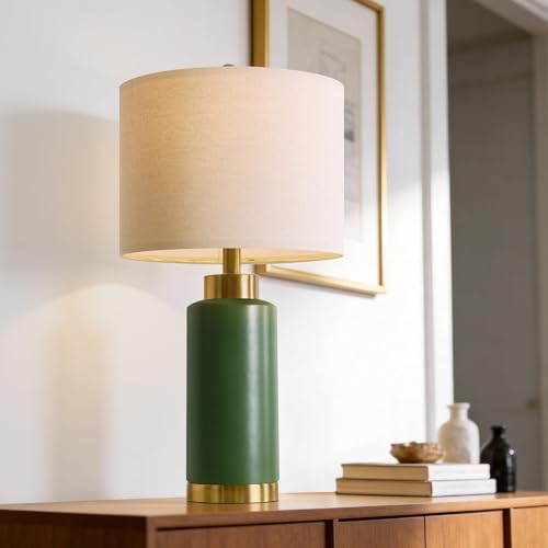 Image of USumkky 25 inch Green Ceramic Table Lamp Set of 2, Modern Mid-Century Bedside Nightstand Lamps for Bedroom Living Room, Linen Shade & Gold Metal Base, Rotary Switch E26 (Bulbs Excluded)