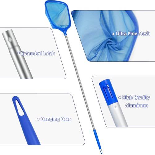 Image of Pool Skimmer Net with Telescopic Pole - Fine Mesh for Leaves, Dust, Debris - Lightweight Safe-Edge Extendable 2.6-5.7 ft Aluminum Handle for Pools, Spas, Hot Tubs, Ponds & Garden Water