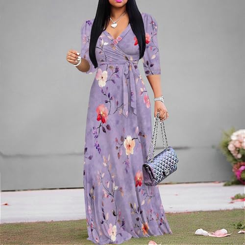 Image of Womens Floral Maxi Dress with Sleeves Elegant Evening Wear 3 /4 Sleeve Long Sundress with Belt