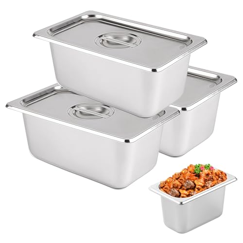 PORFOYO Panierschalen Set 3-Teilig mit Deckel aus Edelstahl, GN Behälter 1/9 mit Deckel 17.6×10.8×10cm, Gastro Behälter für Schnitzel, Fischkoteletts Hähnchenkoteletts, Ideal zum Panieren Servieren