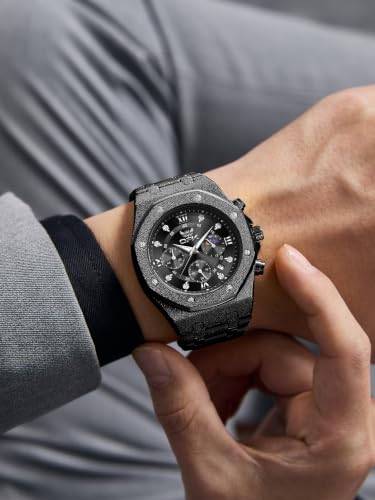 Image of OPK Men Analog Automatic Watches Waterproof Multifunction Chronograph Diamond Moon Phase Luminous Stainless Steel Band Wrist Watches