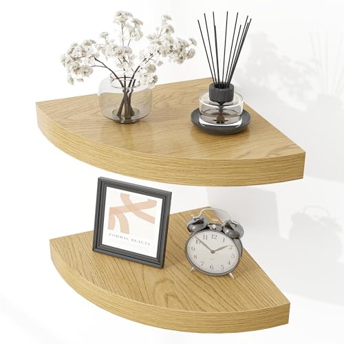 Image of Fun Memories Floating Corner Shelves Set of 2 - Rustic Wood Wall Mounted Storage and Display Shelves for Living Room, Bedroom, Kitchen, Bathroom - Space Saving Home Decor, Oak