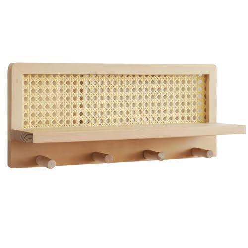 Natural Rattan Wood Wall Shelf Set, Self-Adhesive No-Drill Floating Shelves