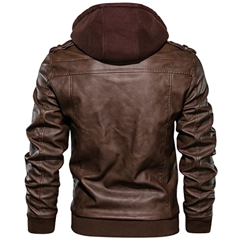 CARWORNIC Men's Faux Leather Jacket Casual Brown Motorcycle Jacket with Removable Hood3