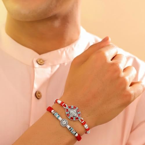 Image of Peora Rakhshabandhan Thread Rakhi for Brother Bhaiya | Kundan Beads & Crystal Studded | Combo Set of 2 | Rakhi Hamper Roli Chawal & Greeting Card