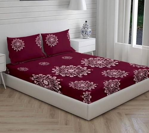 Image of Glace Cotton Double Bedsheet 90x90 Inch with 2 Pillow Covers 18x28 Inch - Dark Wine Floral Mandala Print Bed Sheet Set - Soft Flat Bedcover for Double Mattress Bedroom Hostel Room - Wine Flower