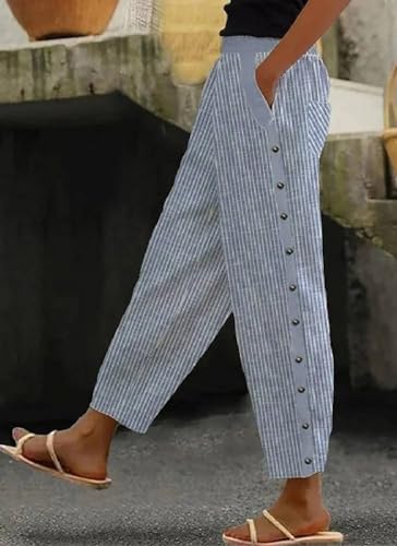 Women's Chic Blue Stripes Print Casual Pants Wide-Leg with Side Pockets Trousers Spring and Summer Loose Outfits2