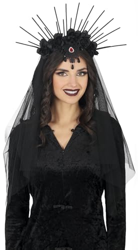 FIESTAS GUIRCA | Diadema con Velo y Flores Negras (Talla Única) - Accesorio para Disfraz de Halloween y Día de Muertos - Ideal para Mujer Adulta - Estilo Gótico y Elegante - Negro