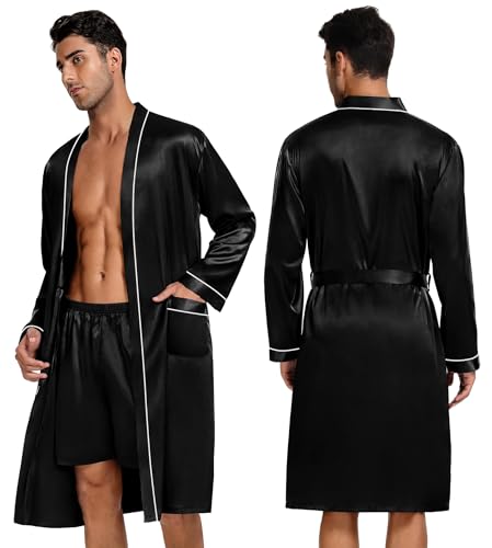 Image of SWOMOG Mens 3 PCS Satin Robe with Pants & Shorts Set Kimono Bathrobe Long Sleeve Sleepwear Pjs Sets with Pockets