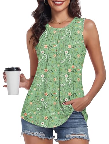 Débardeur d'été plissé femme col rond : top sans manches floral vert pour look tendance