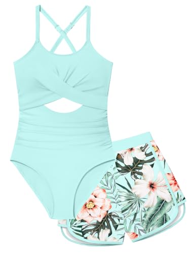 Image of Girl Swimsuit One Piece Cutout Ruched Bathing Suit for Girls Color Block Adjustable Straps Pad Swimwear 9-18y