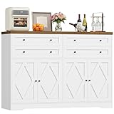 HOCSOK Buffet, 132.7 cm Meuble Cuisine avec Etagères Réglables, Buffet Salle a Manger avec 4 Tiroirs 4 Portes, Meuble de Rangement pour Salon, Cuisine, Blanc + Antique