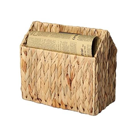 YAHUAN Natural Wicker Magazine Rack Water Hyacinth Divided Magazine Basket Magazine Newspaper Book Holder for Bathroom, Office, Floor Cover