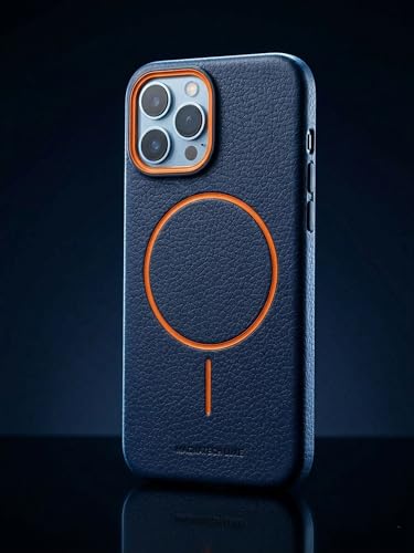 Image of amazon basics Luxury MagSafe Compatible Leather Texture Back Cover for iPhone 15 Pro | Raised Camera Protection | Slim Fit Shockproof Case with Metallic Accents (Dark Blue)