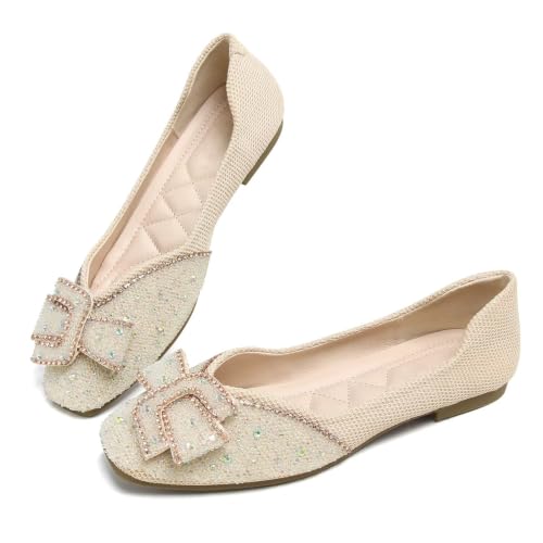 Image of SAILING LU Women's Rhinestone Square Toe Bowknots Ballet Flats Loafers
