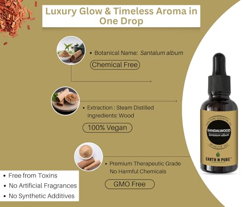 Image of Earth N Pure Sandalwood (Chandan Oil) Essential Oil for Skin- Natural and Therapeutic Grade -Pack of 2 | 15 ml
