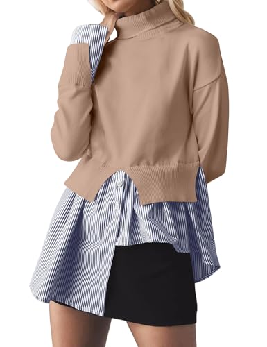 Image of Women Turtleneck Slit Patchwork Knit Pullover Sweater 2 in 1 Asymmetrical Hem Striped Button Down Shirt Tops