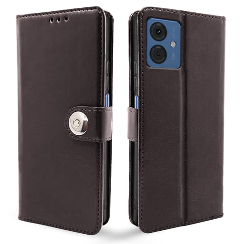 Image of Pikkme Flip Cover Leather Finish | Inside TPU with Card Pockets | Wallet Stand and Shock Proof | Complete Protection Button Flip Case for Moto G14(Coffee)