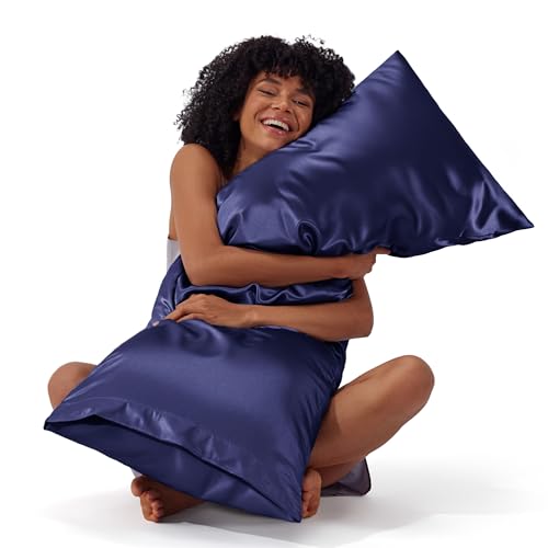 Image of Bedsure Body Pillow Cover 20x54 Inches - Navy Satin Similar to Silk Pillowcase for Hair and Skin, Cooling and Silky Long Body Pillow Pillowcase for Adults with Envelope Closure, Gifts for Women Men