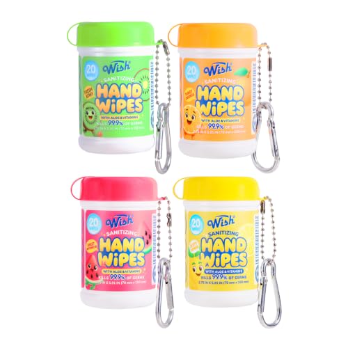 Wish Hand Wipes Keychain 4 Pack, 20 Wipes Each, Travel Size Wet Wipes โ Lemon, Watermelon, Orange & Kiwi Scented