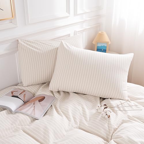 Image of NEXHOME PRO Striped Duvet Cover Queen Size,100% Washed Cotton Bedding Set,Textured Linen Feel,Breathable,Organic,3 Piece(White Stripes 90x90)