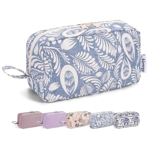 Narwey Cute Makeup Bag Small Toiletry Bag Travel Cosmetic Bag Organizer Make Up Bags with Organized Pockets for Women (Blue Leaf, Large) Cover