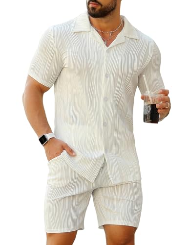 URRU Men's 2 Piece Outfits Short Sleeve Casual Button Down Shirt and Shorts Set