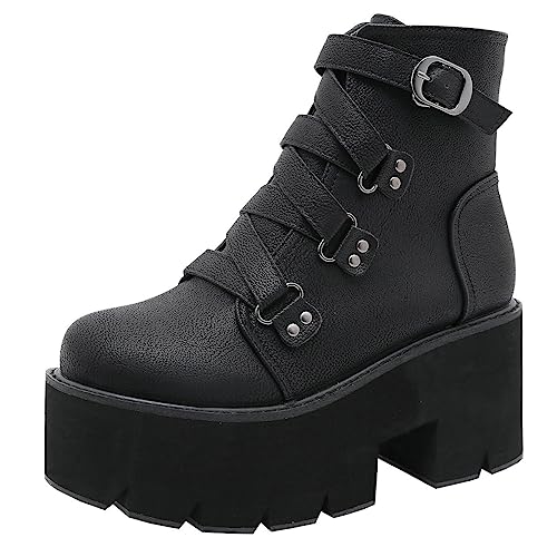 Image of Parisuit Womens Goth Patent Ankle Boots Platform Chunky Combat Boots | Lace Up, Gothic Boots, High Heel, Punk Short Booties, Buckle Boots, Chain Boots