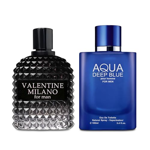 Image of AFLUXE Valentine Milano /Aqua Deep Blue 2PCS Eau De Toilette for Men-Fresh, Romantic Scent Perfume for Men 3.4 Fl Oz Each Mens Cologne For All Skin Daily Used