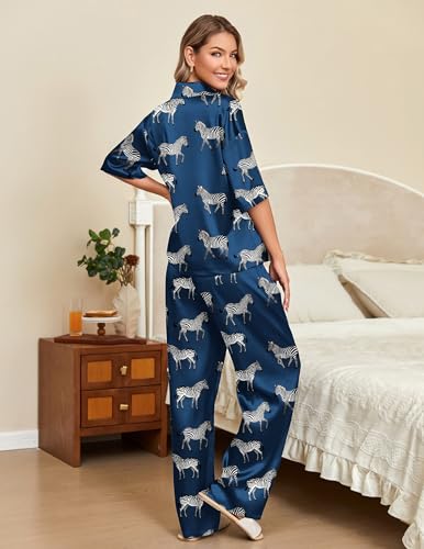 Ekouaer Silk Satin Pajamas Set Women Short Sleeve Pj Sets Button Down Sleepwear 2 Piece Soft Loungewear S-XXL3