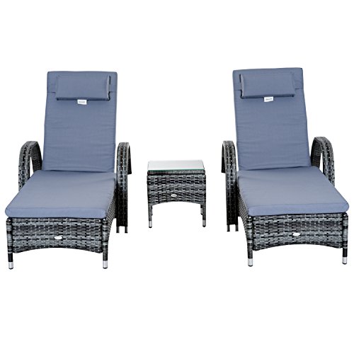 Outsunny Tumbonas x2 con Mesita de Ratán Chaise Longue para Jardín Patio Silla Gris de Terraza con Cojines Acolchados