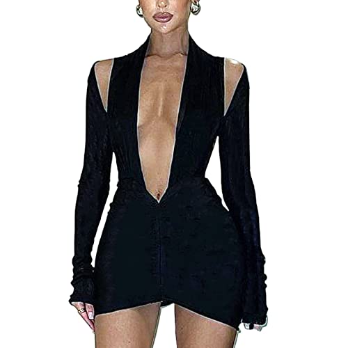 Women Sexy Deep V Neck Long Sleeve Backless Dress Cut Out Bodycon Ruched Mini Club Dresses