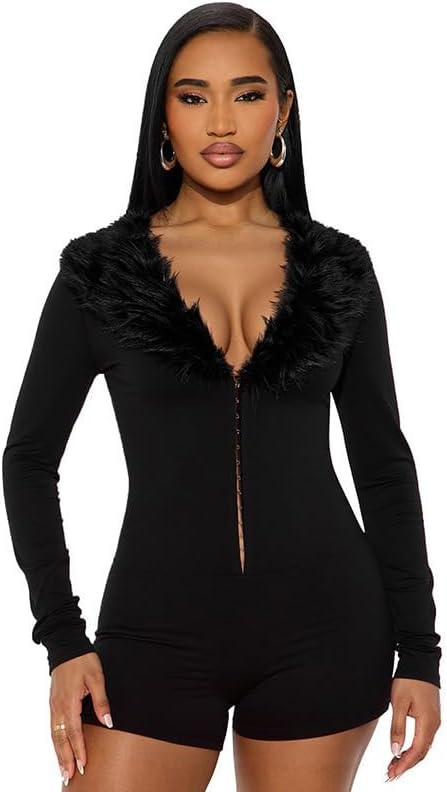 Womens Jumpsuit Sexy Faux Fur Rompers Deep V Neck Buckle Long Sleeve Shorts Rompers Bodycon Club Outfits Going Out - Image 4