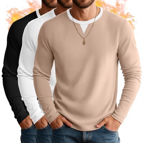 August Alley 3 Pack Men's Long Sleeve Thermal Shirts V Neck Fleece Lined Tops Base Layer Undershirt Casual Pullover Sweater(Khaki, White, Black,Large)