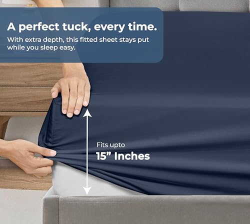 Image of ROYALE LINENS Fitted Sheet with Pillowcases - Full Fitted Sheets with 2 Pillowcases - 300 Thread Count 100% Organic Cotton - Fits Mattress Up to 18 inch Deep - Soft & Breathable - Navy (No Flat Sheet)