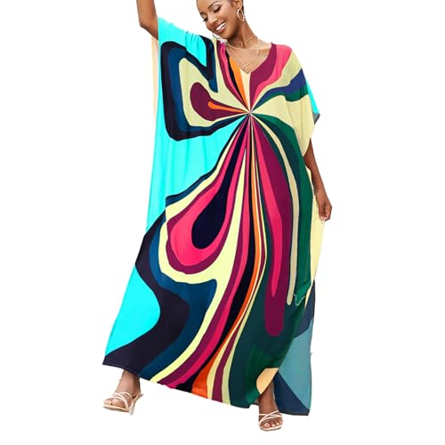 Image of sunforyou Kaftan Dresses for Women Plus Size Lightweight Swimsuit Cover up Batwing Sleeve Print Loungewear Beach Robe