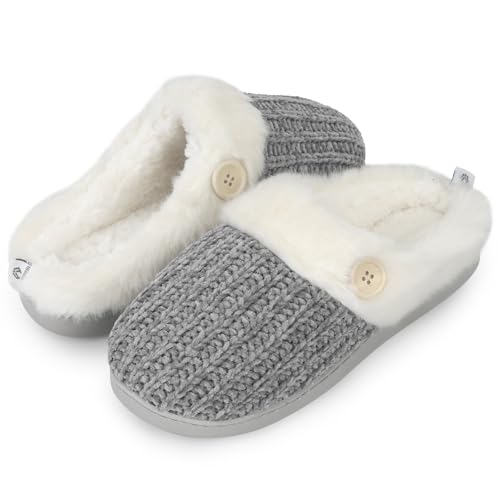 Women’s Warm Winter Chenille Scuff Slippers, Slip-On Memory Foam House Shoes with Sherpa Fleece Lining for Indoor and Outdoor